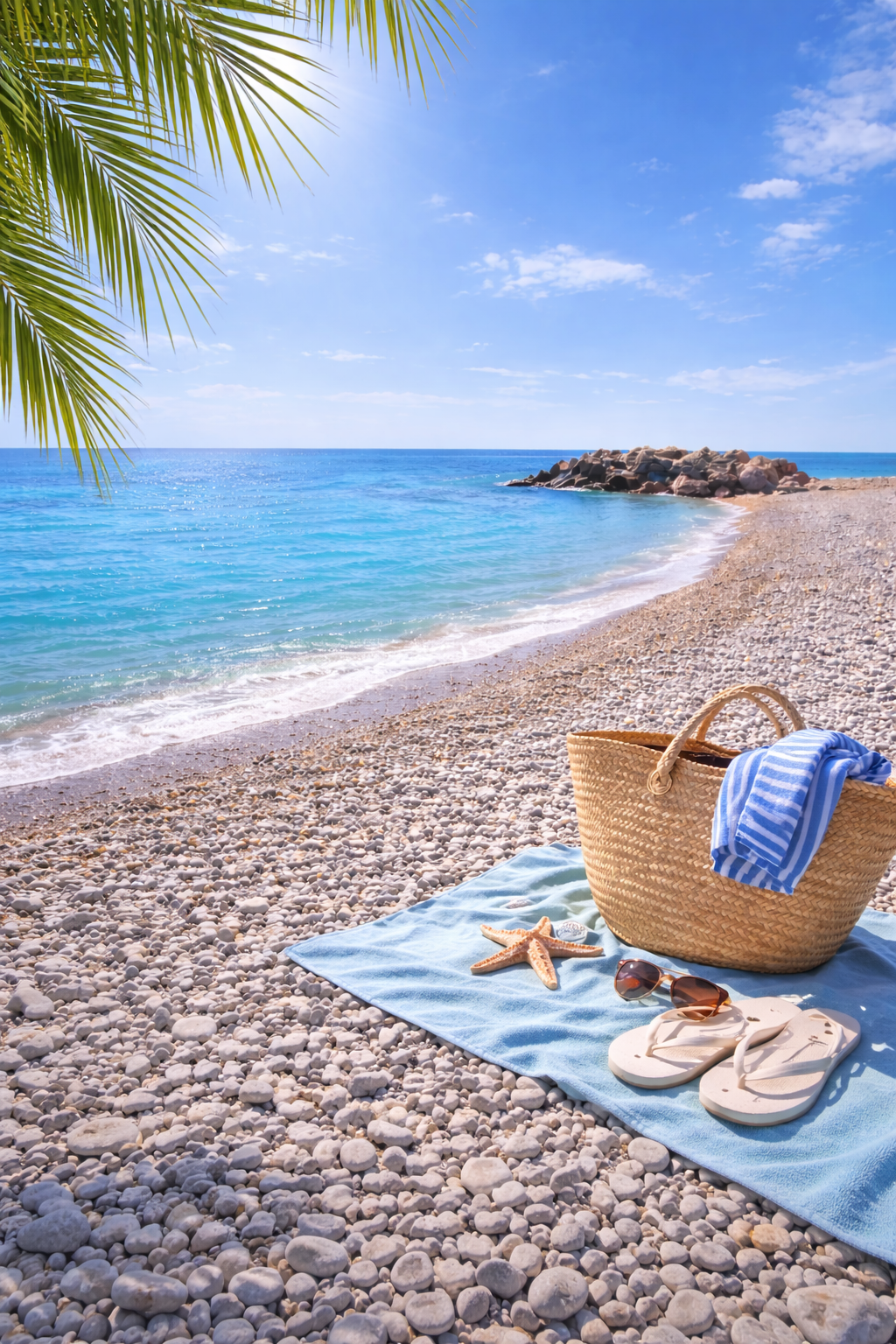 Бирюзовое море, галечный пляж и пальма в Николаевке, Крым