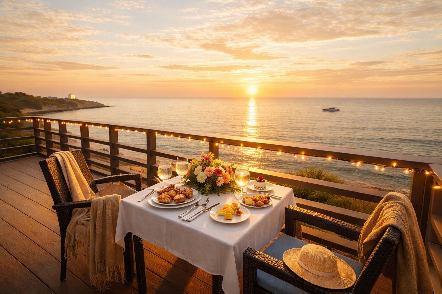 Терраса с видом на закат над морем